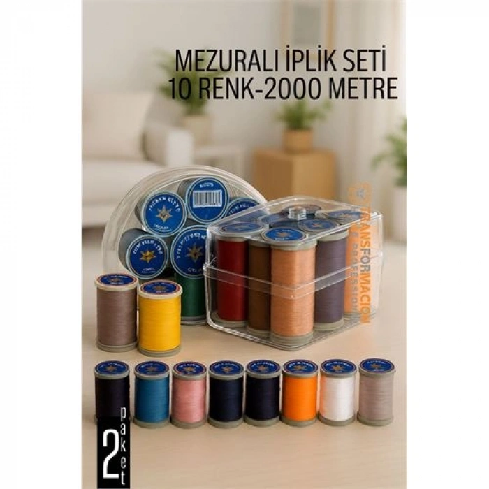 Dikiş İpliği Seti - 10 Renk 2000 Mt Kutulu Mezuralı Dikiş Seti 722077
