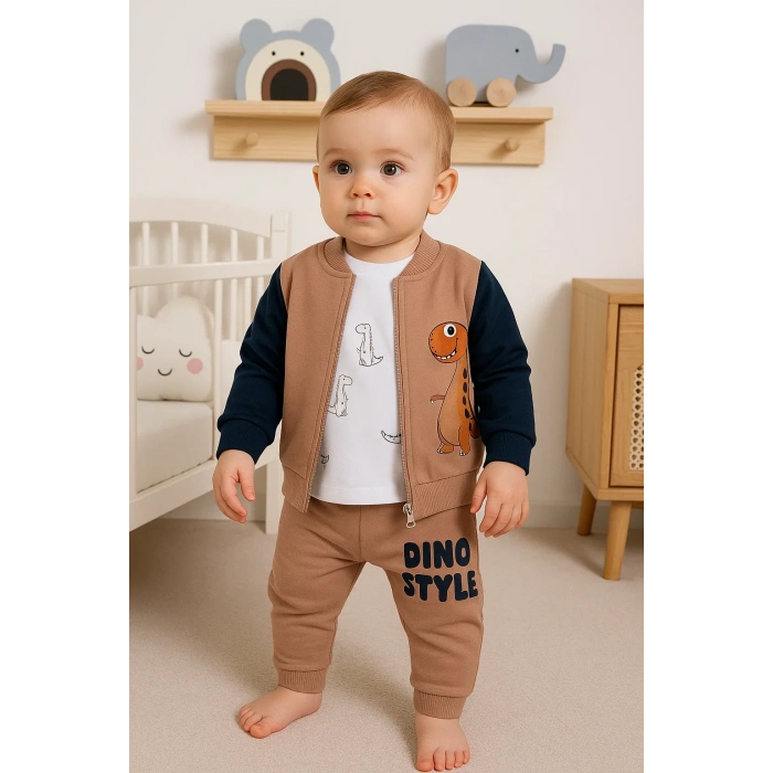 Dinazor Desenli Hırkalı 3lü Erkek Bebek Takım