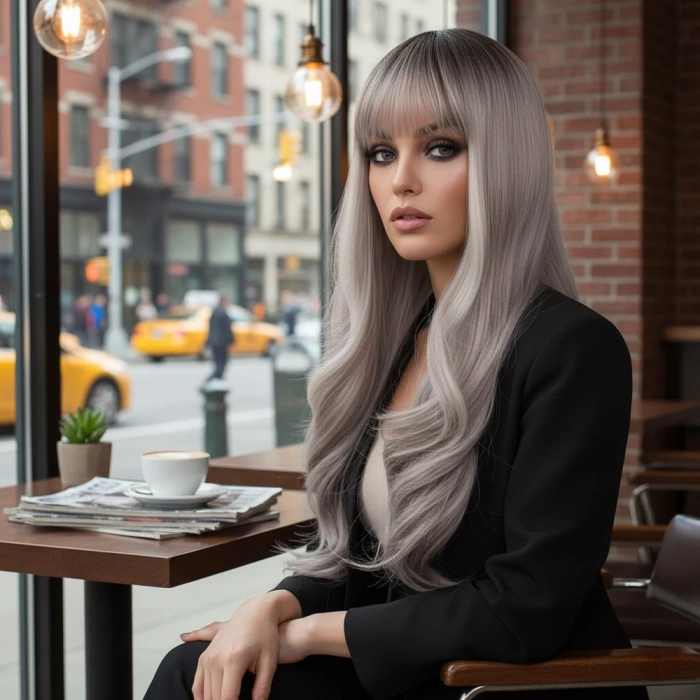 Doğal Dalgalı Perçemli Fiber Sentetik Uzun Boy Peruk - Koyu Kumral / Açık Rus Kumralı Ombre ve Röfleli