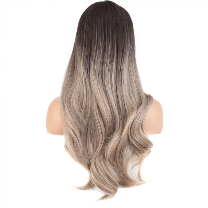 Doğal Dalgalı Perçemli Fiber Sentetik Uzun Boy Peruk - Koyu Kumral / Rus Kumralı Ombreli
