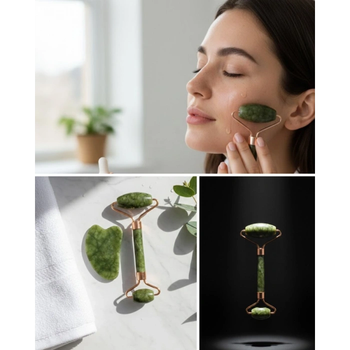 Doğal Yeşim Roller Ve Gua Sha Yüz Şekillendirme Seti