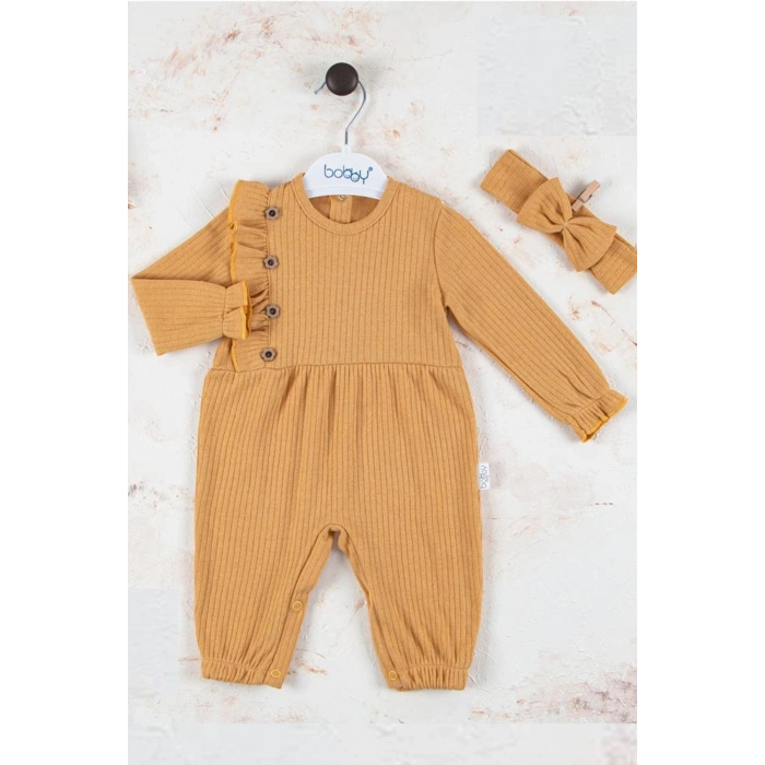 Düğme Detaylı Bandanalı % 100 Pamuk Kız Bebek Tulumu