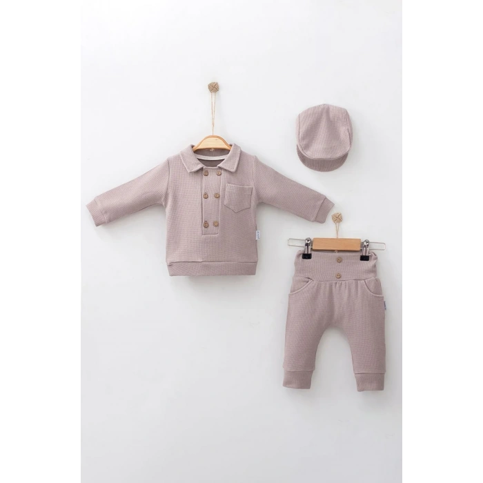 Düğmeli Lüx % 100 Pamuk Şapkalı 3lü Erkek Bebek Takım