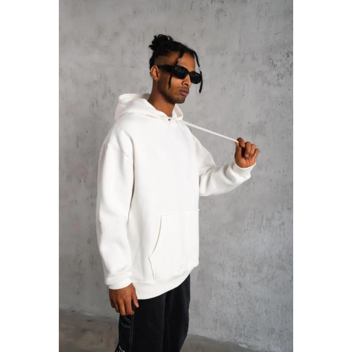 Düz Kapüşonlu Sweat - Beyaz -