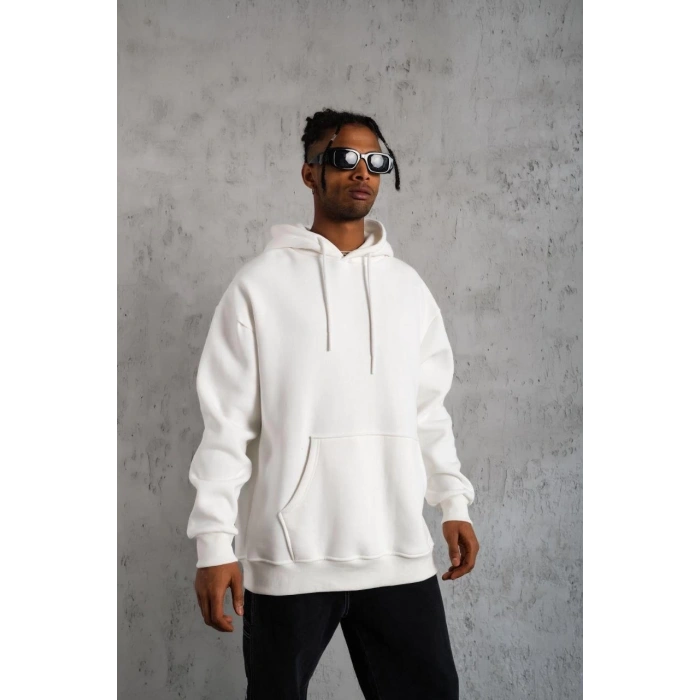Düz Kapüşonlu Sweat - Beyaz -