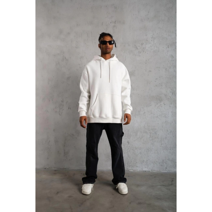 Düz Kapüşonlu Sweat - Beyaz -