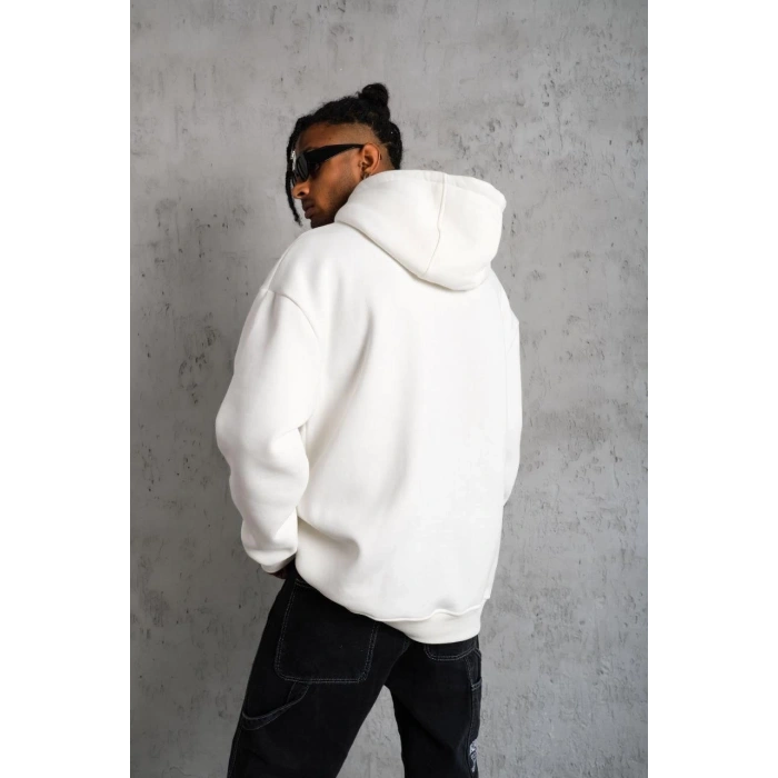 Düz Kapüşonlu Sweat - Beyaz -