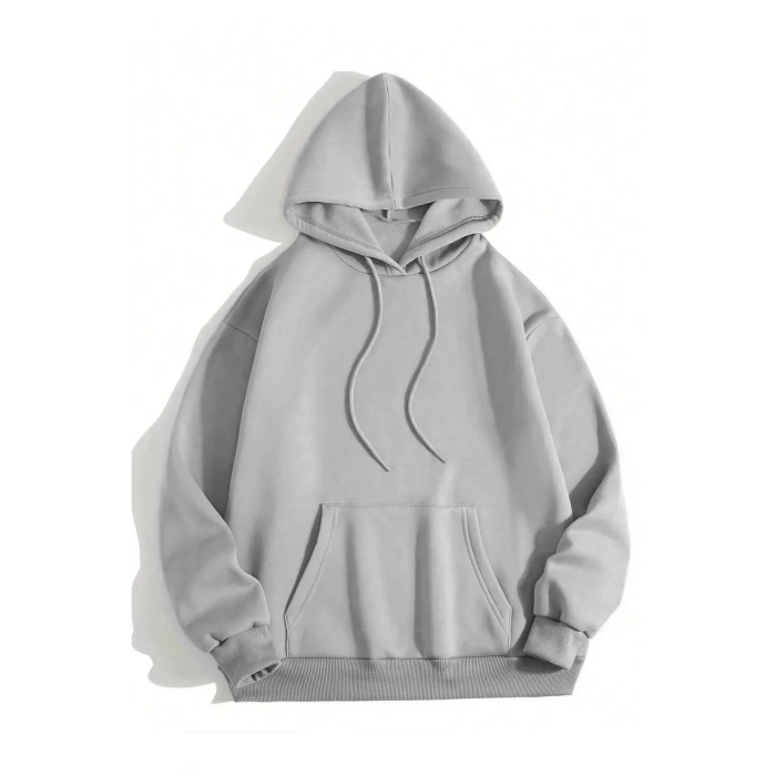 Düz Kapüşonlu Sweat - Boyalı Gri -