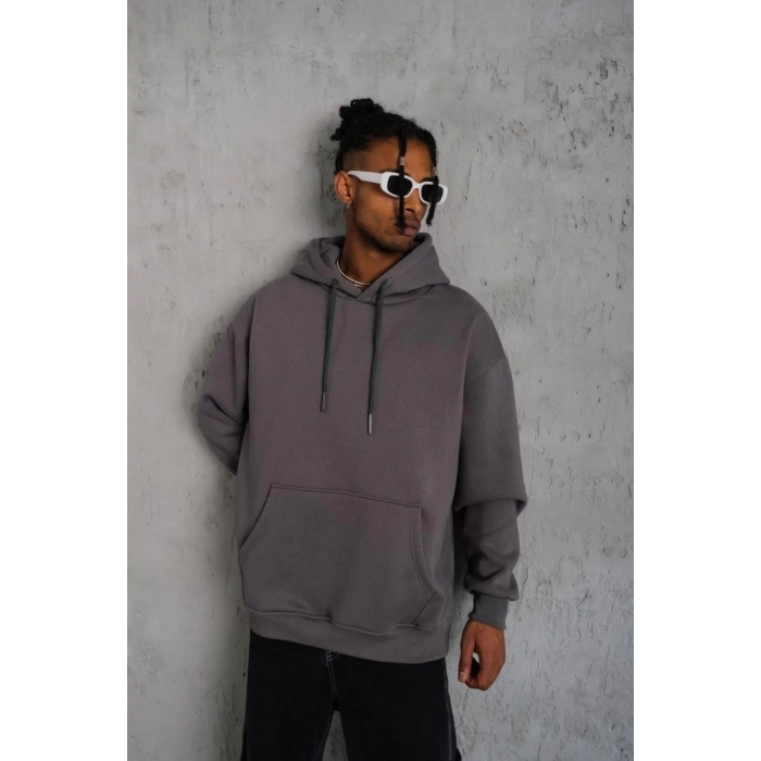 Düz Kapüşonlu Sweat - Gri -