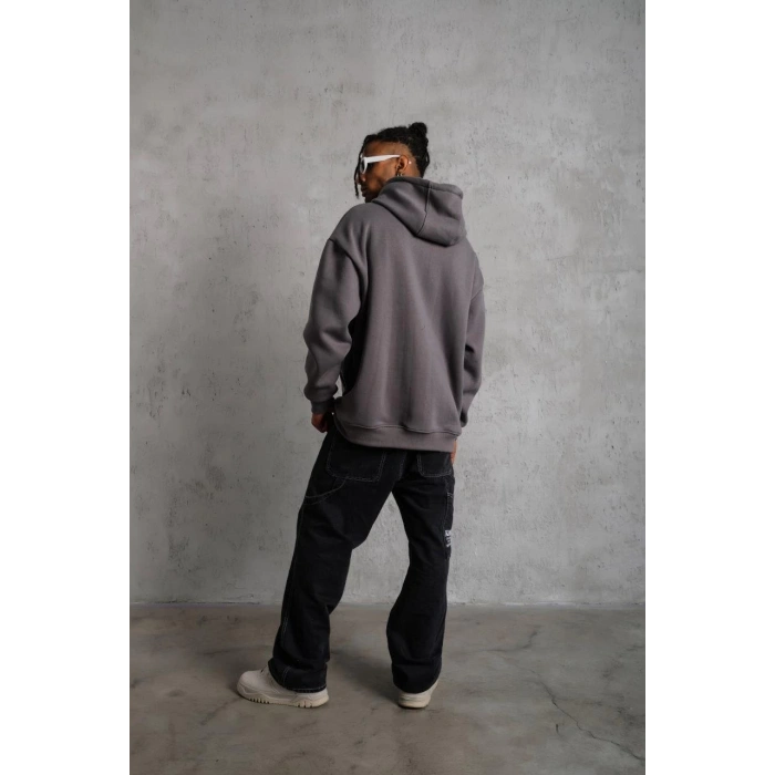 Düz Kapüşonlu Sweat - Gri -
