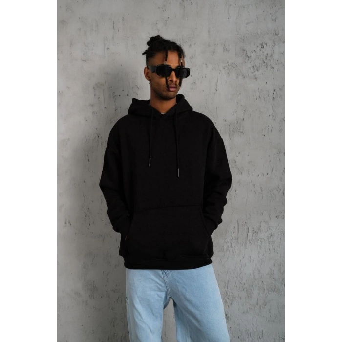 Düz Kapüşonlu Sweat - Siyah -