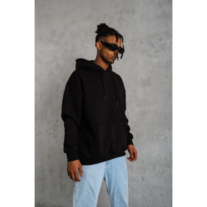 Düz Kapüşonlu Sweat - Siyah -