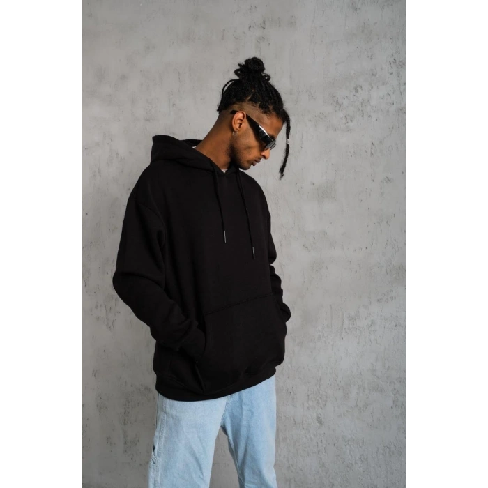 Düz Kapüşonlu Sweat - Siyah -