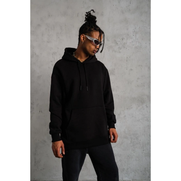 Düz Kapüşonlu Sweat - Siyah -