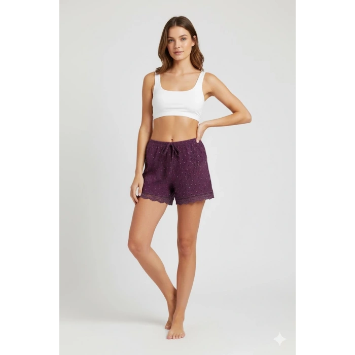 Düz Renk Mini Çiçek Desenli Penye Kadın Ev Şortu Bacak Dantel Detaylı Ev Giyim Gül Kurusu