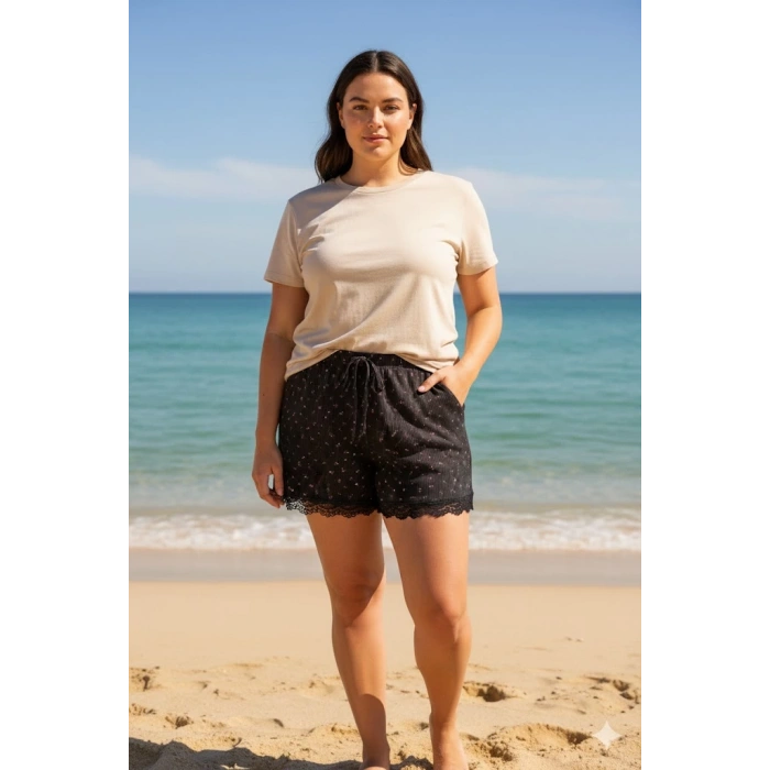 Düz Renk Mini Çiçek Desenli Penye Kadın Ev Şortu Bacak Dantel Detaylı Ev Giyim Siyah