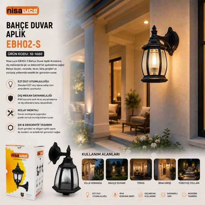 E27 Duvar Aplik Bahçe Balkon Sokak Lambası IP44 60W Siyah