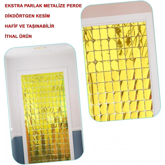 Ekstra Metalize Altın Renk Disko Dikdörtgen Kesim Kapı Perdesi Dekorasyon 1x2 Metre (4887)