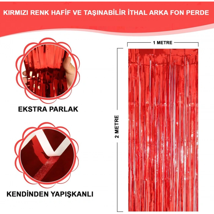 Ekstra Metalize Parlak Saçaklı Arka Fon Perde Kırmızı