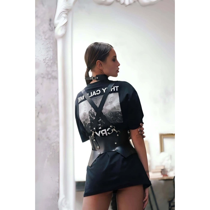 Elbise Ve T-shirt Üzeri Deri Şık Kemer Ve Choker Takım - Brf622