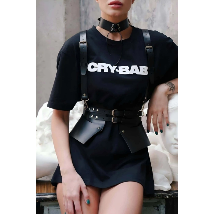 Elbise Ve T-shirt Üzeri Deri Şık Kemer Ve Choker Takım - Brf622