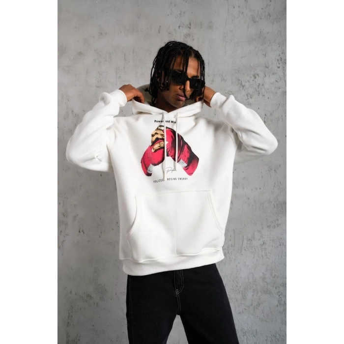 Eldiven Baskılı Kapüşonlu Sweat - Beyaz -