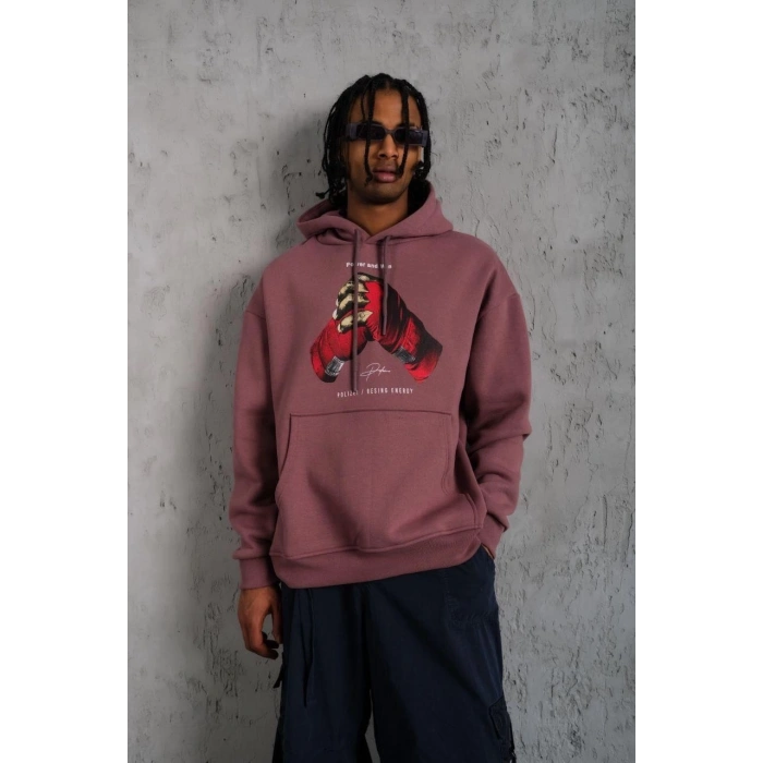 Eldiven Baskılı Kapüşonlu Sweat - Gül Kurusu