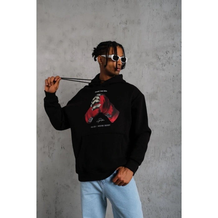 Eldiven Baskılı Kapüşonlu Sweat - Siyah -
