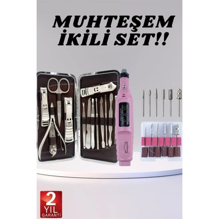 Elektrikli Manikür Pedikür Seti İkili Set 12 Parça Tırnak Bakımı Törpü Protez Çıkarma
