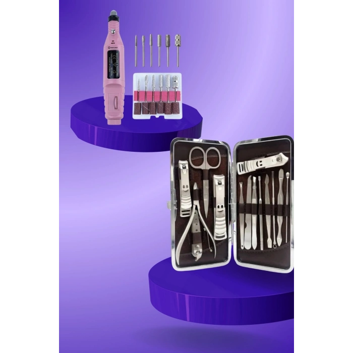 Elektrikli Manikür Pedikür Seti İkili Set 12 Parça Tırnak Bakımı Törpü Protez Çıkarma