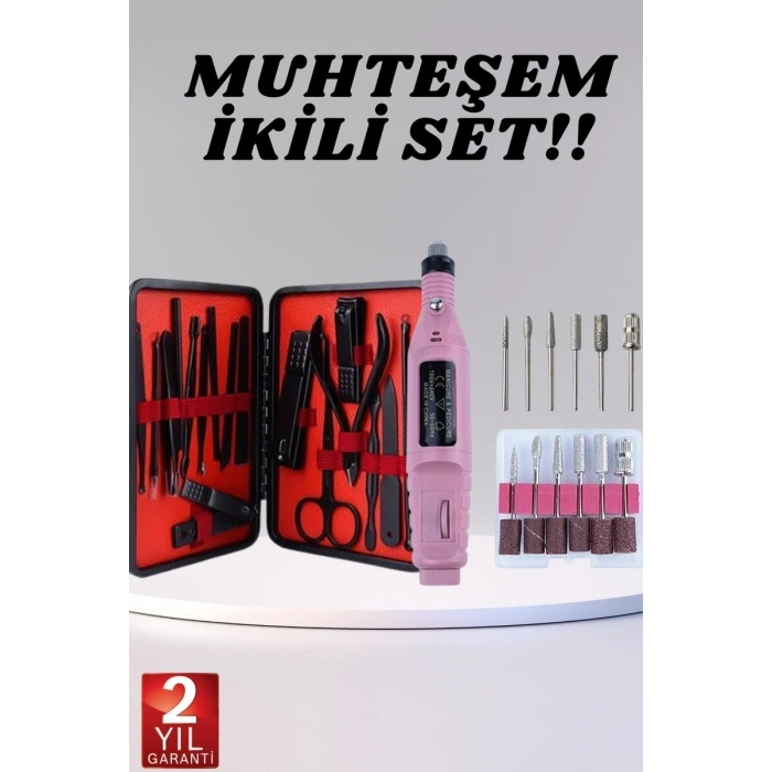 Elektrikli Manikür Pedikür Seti İkili Set 17 Parça Tırnak Bakımı Nasır Temizleme Tırnak Şekillendirme