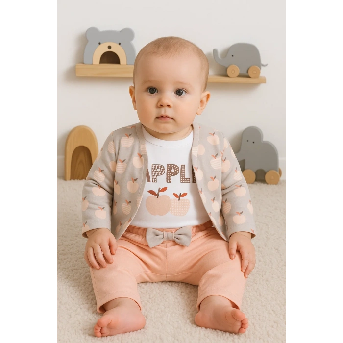Elma Desenli Ceketli 3lü Kız Bebek Takımı