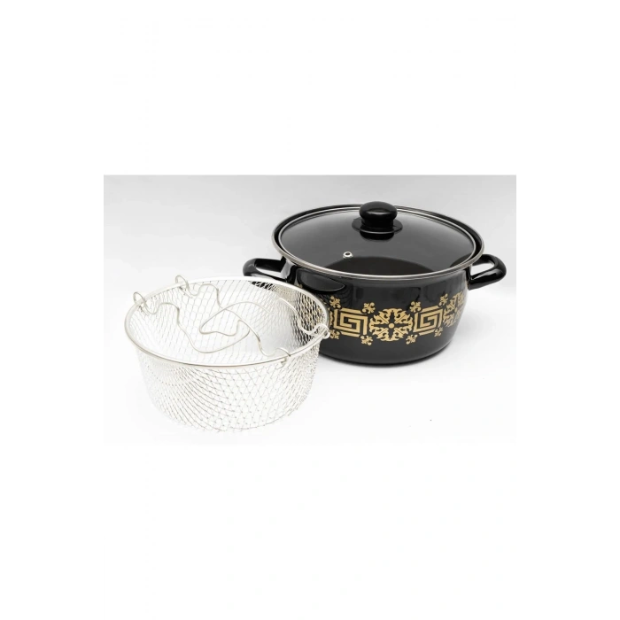 Emaye Kızartma Tenceresi Siyah Çiçekli 22 Cm -69116