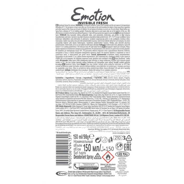 Emotion Invisible Fresh Black & White Kadın Deodorant 150ml Vegan, Leke Bırakmaz