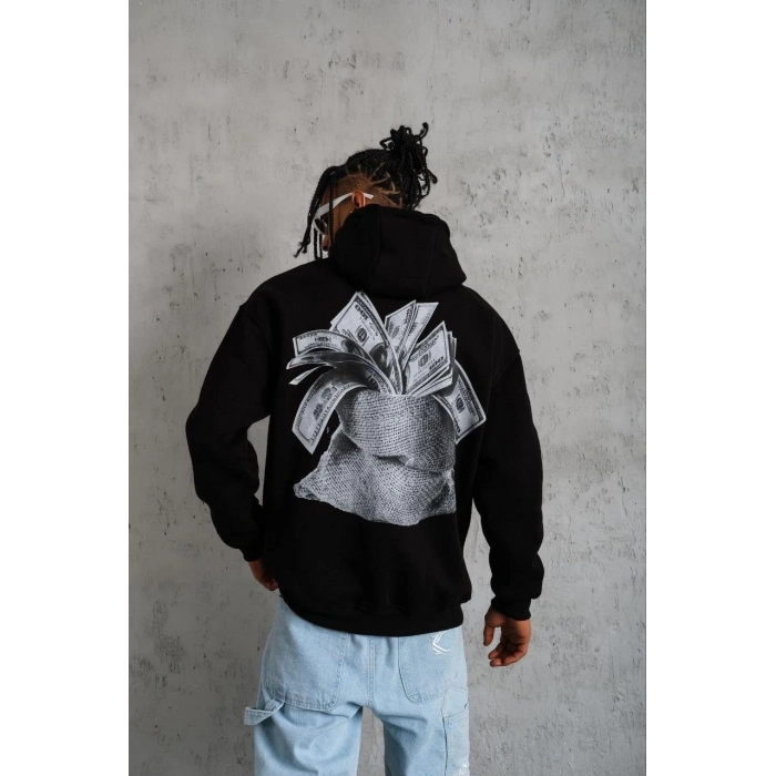 Erkek 3 İplik Pamuklu Kapüşonlu Baskılı Cepli Oversize Sweatshirt Hoodie - Siyah
