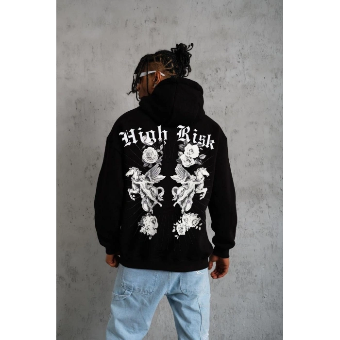 Erkek 3 İplik Pamuklu Kapüşonlu Baskılı Cepli Oversize Sweatshirt Hoodie - Siyah