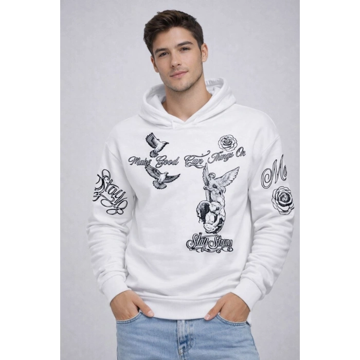 Erkek 3 İplik Pamuklu Kapüşonlu Baskılı SweatShirt hoodie - Beyaz