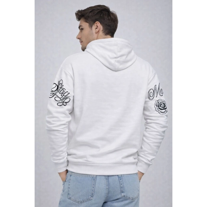 Erkek 3 İplik Pamuklu Kapüşonlu Baskılı SweatShirt hoodie - Beyaz