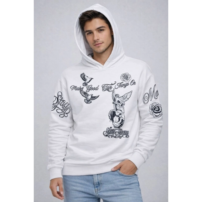 Erkek 3 İplik Pamuklu Kapüşonlu Baskılı SweatShirt hoodie - Beyaz