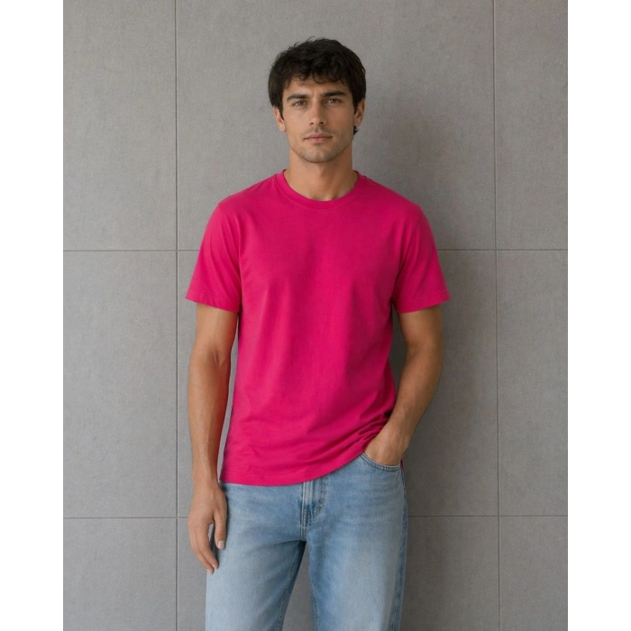 Erkek Basic Pamuklu Tişört Bisiklet Yaka Düz Renk Regular Fit T-Shirt - Fuşya