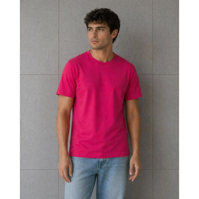Erkek Basic Pamuklu Tişört Bisiklet Yaka Düz Renk Regular Fit T-Shirt - Fuşya