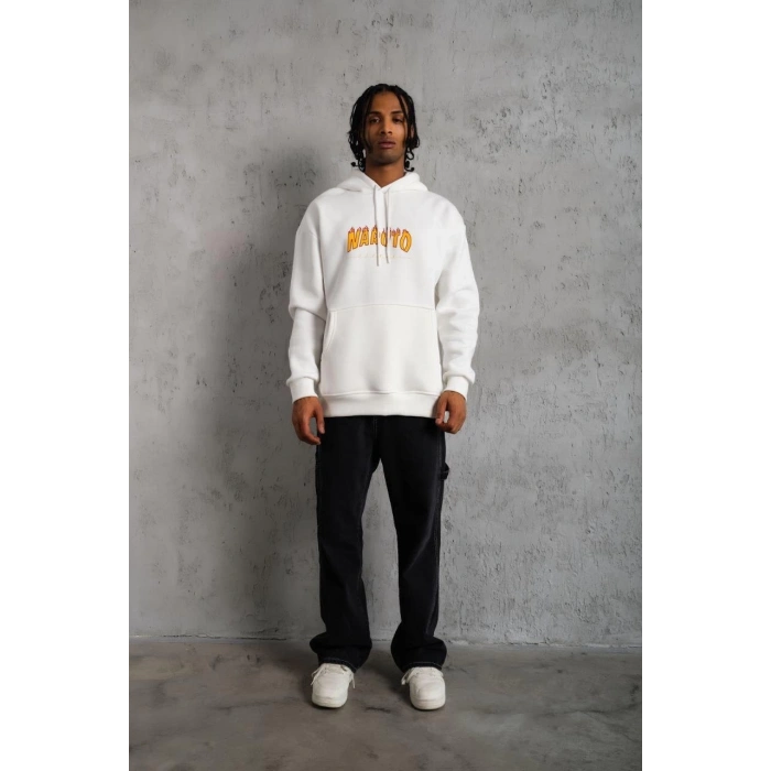 Erkek Baskılı Kapüşonlu 3 iplik pamuklu hoodie Sweatshirt - Beyaz