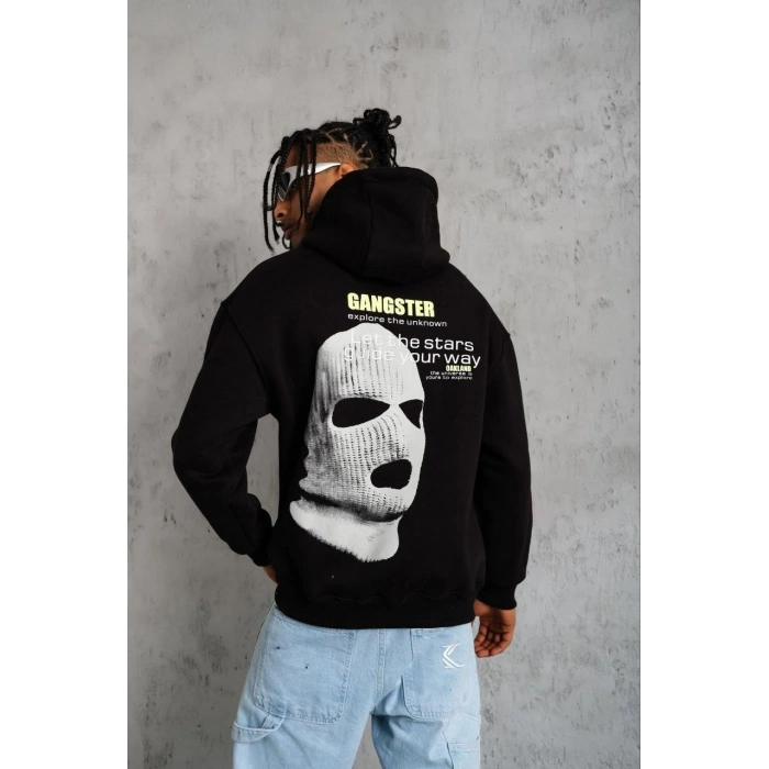 Erkek Baskılı Kapüşonlu 3 iplik pamuklu hoodie Sweatshirt - Siyah