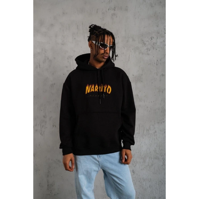 Erkek Baskılı Kapüşonlu 3 iplik pamuklu hoodie Sweatshirt - Siyah