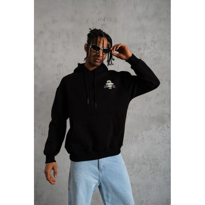 Erkek Baskılı Kapüşonlu 3 iplik pamuklu hoodie Sweatshirt - Siyah