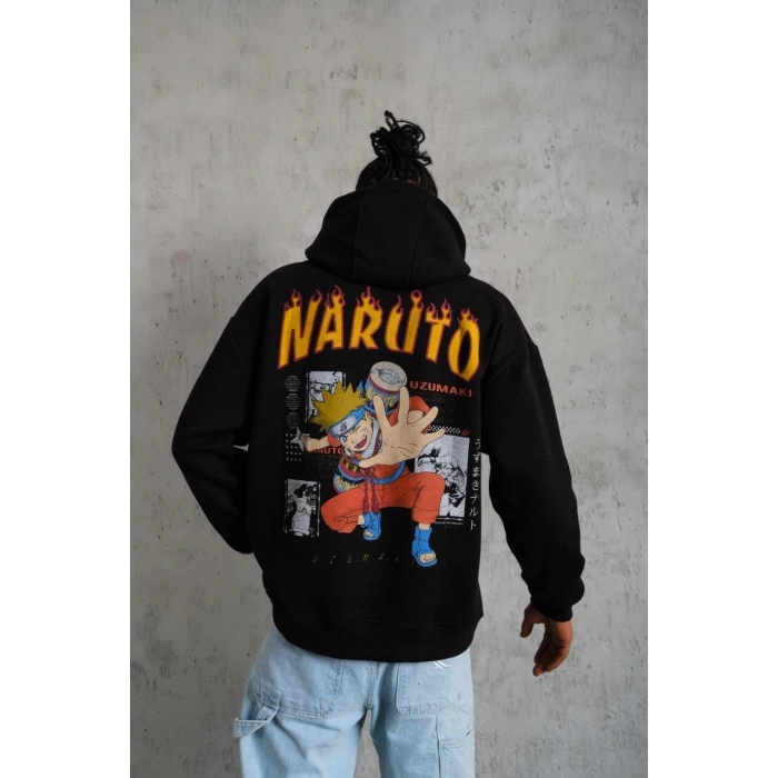Erkek Baskılı Kapüşonlu 3 iplik pamuklu hoodie Sweatshirt - Siyah