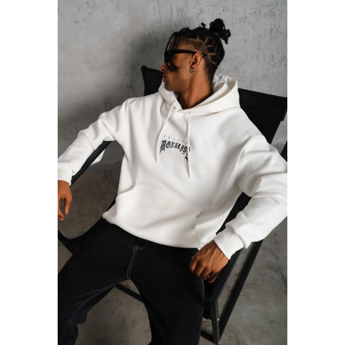 Erkek Baskılı Kapüşonlu ve Kanguru Cepli Sweatshirt hoodie - Beyaz