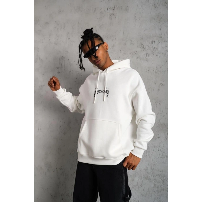 Erkek Baskılı Kapüşonlu ve Kanguru Cepli Sweatshirt hoodie - Beyaz