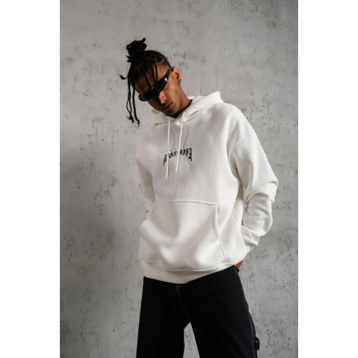 Erkek Baskılı Kapüşonlu ve Kanguru Cepli Sweatshirt hoodie - Beyaz