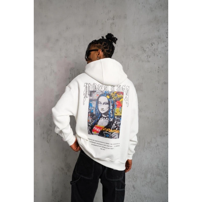 Erkek Baskılı Kapüşonlu ve Kanguru Cepli Sweatshirt hoodie - Beyaz